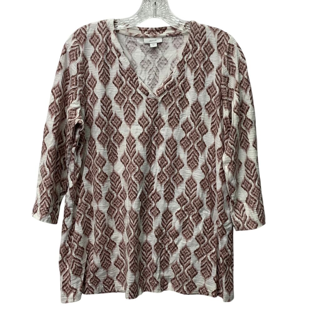 Pure Jill by J.Jill Medium White and Brown Tribal Print 3/4 Sleeve Womens Top